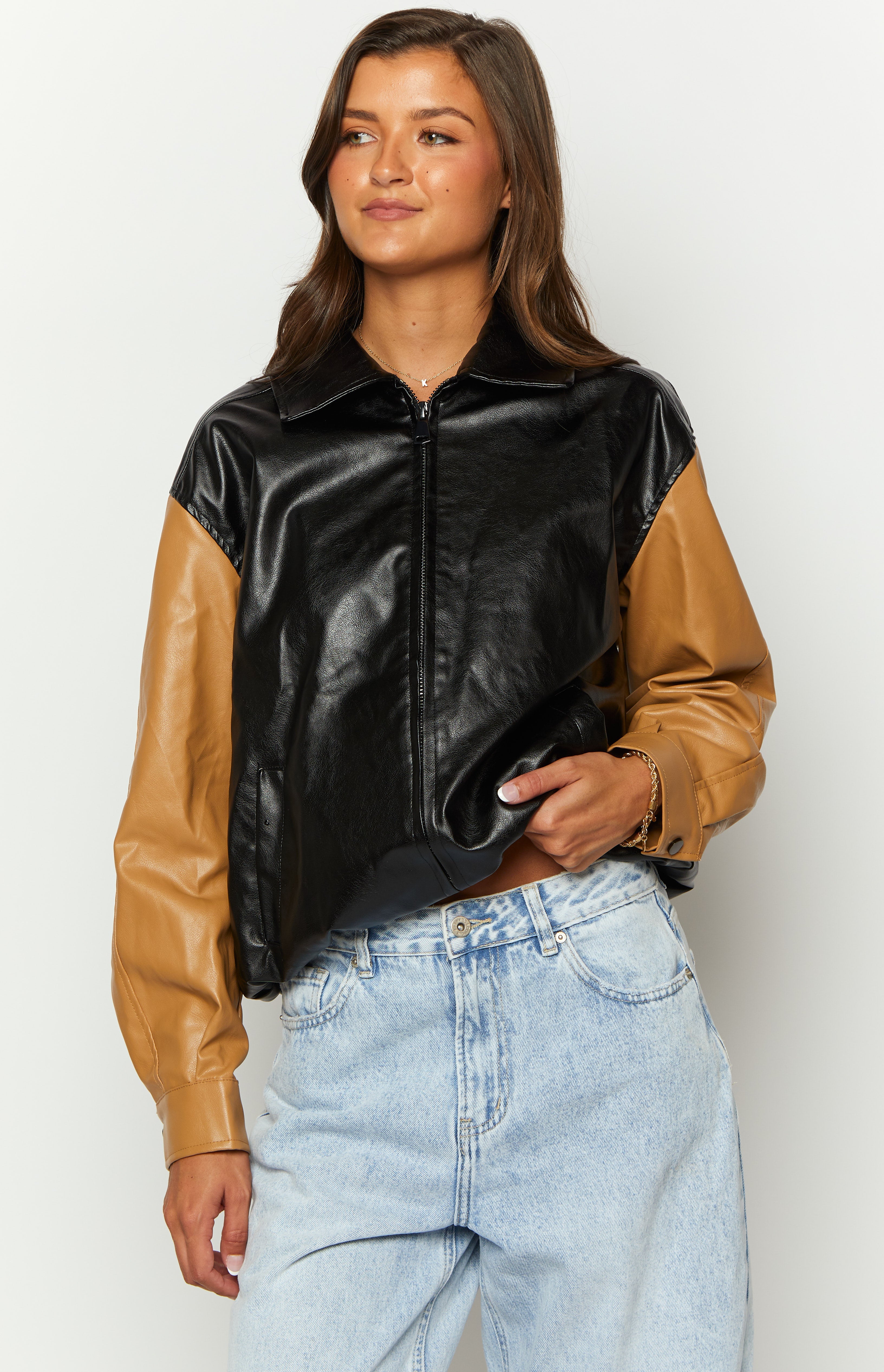 Abbi PU Black And Brown Contrast Bomber Jacket-Vavasi.All Rights Reserved.