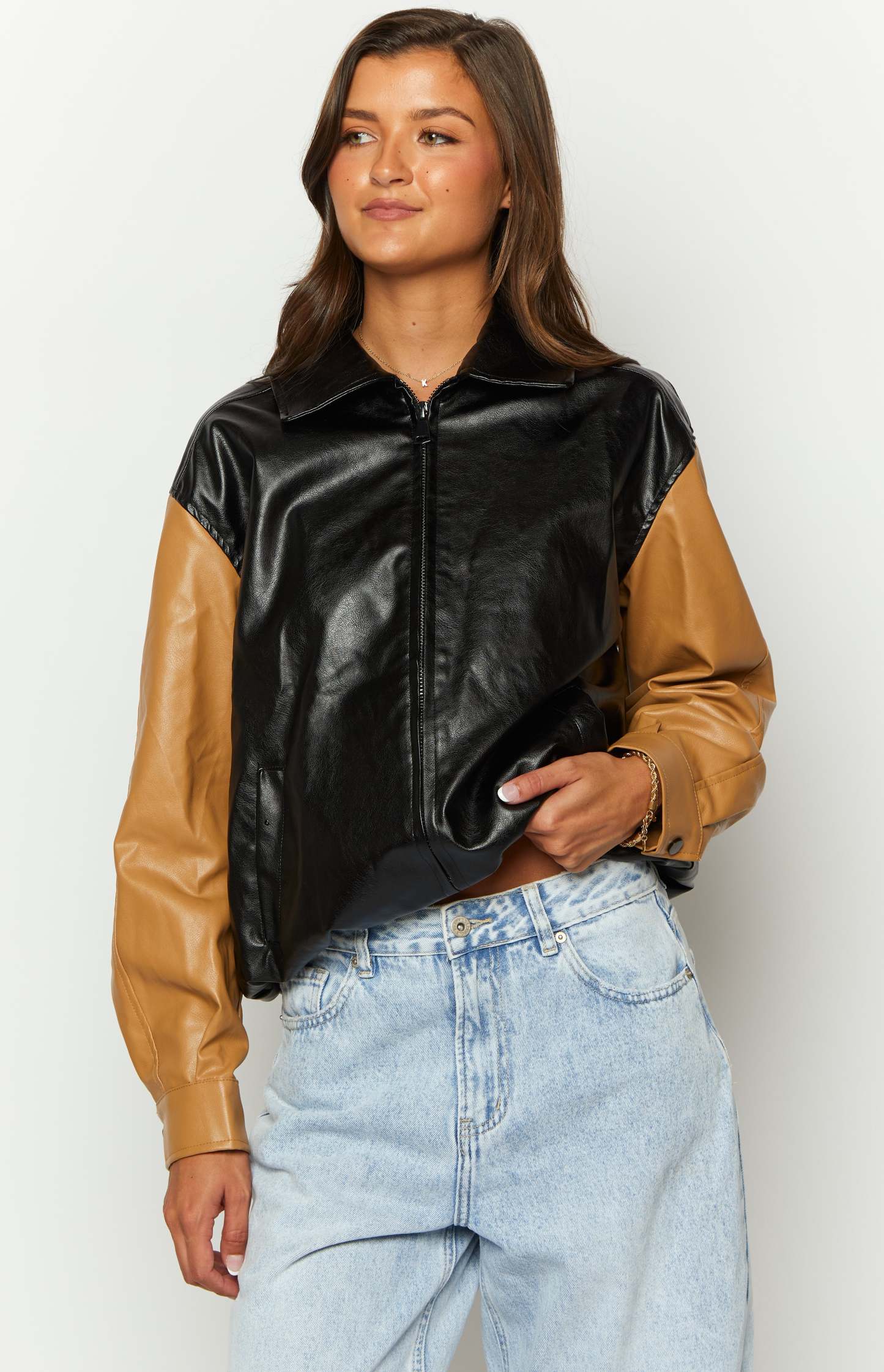 Abbi PU Black And Brown Contrast Bomber Jacket-Vavasi.All Rights Reserved.