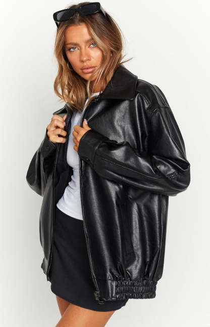 Abbi PU Black Bomber Jacket-Vavasi.All Rights Reserved.