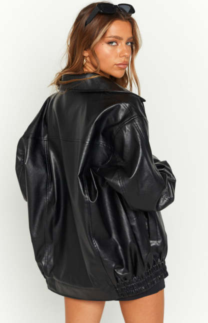 Abbi PU Black Bomber Jacket-Vavasi.All Rights Reserved.