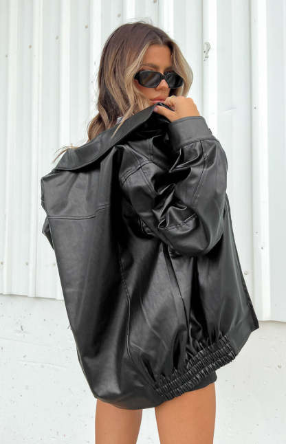 Abbi PU Black Bomber Jacket-Vavasi.All Rights Reserved.