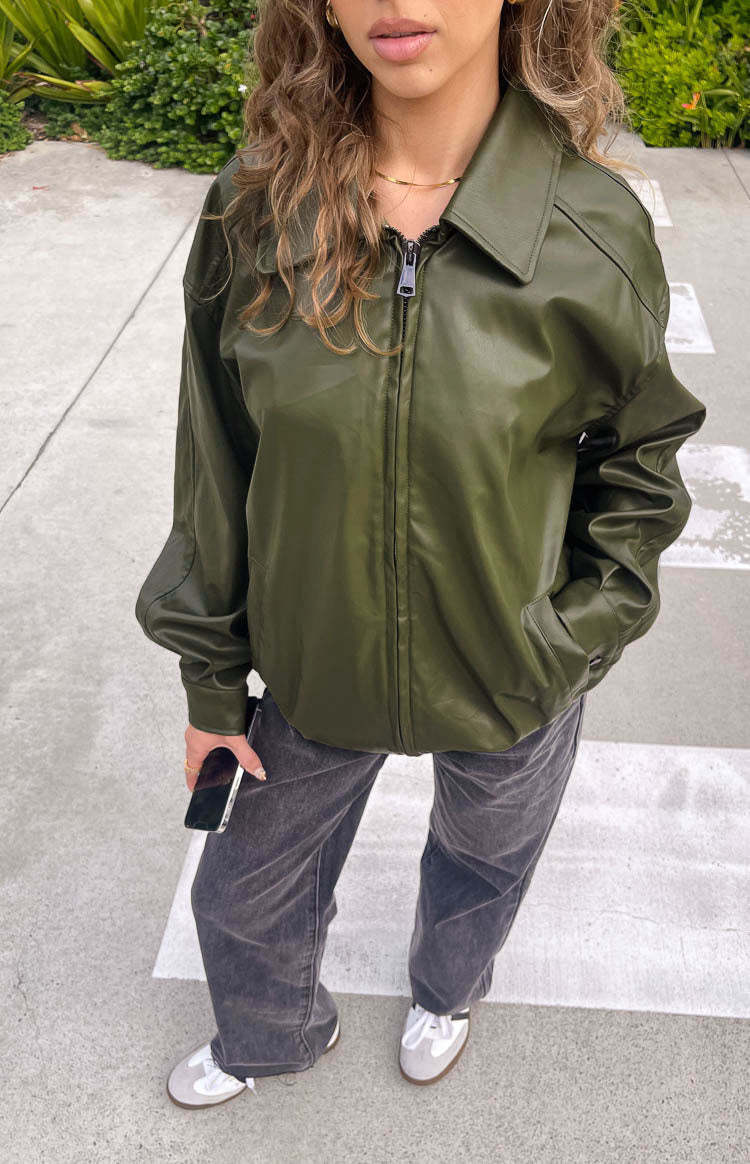 Abbi PU Olive Bomber Jacket-Vavasi.All Rights Reserved.