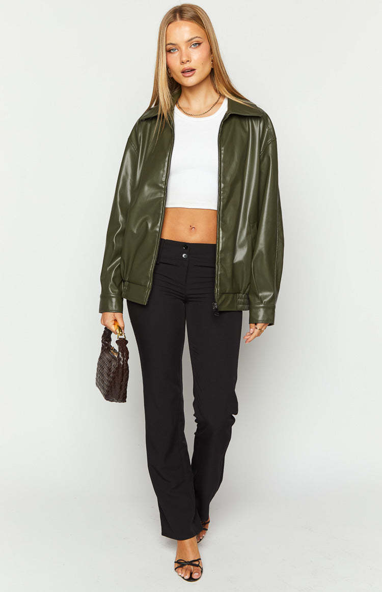 Abbi PU Olive Bomber Jacket-Vavasi.All Rights Reserved.