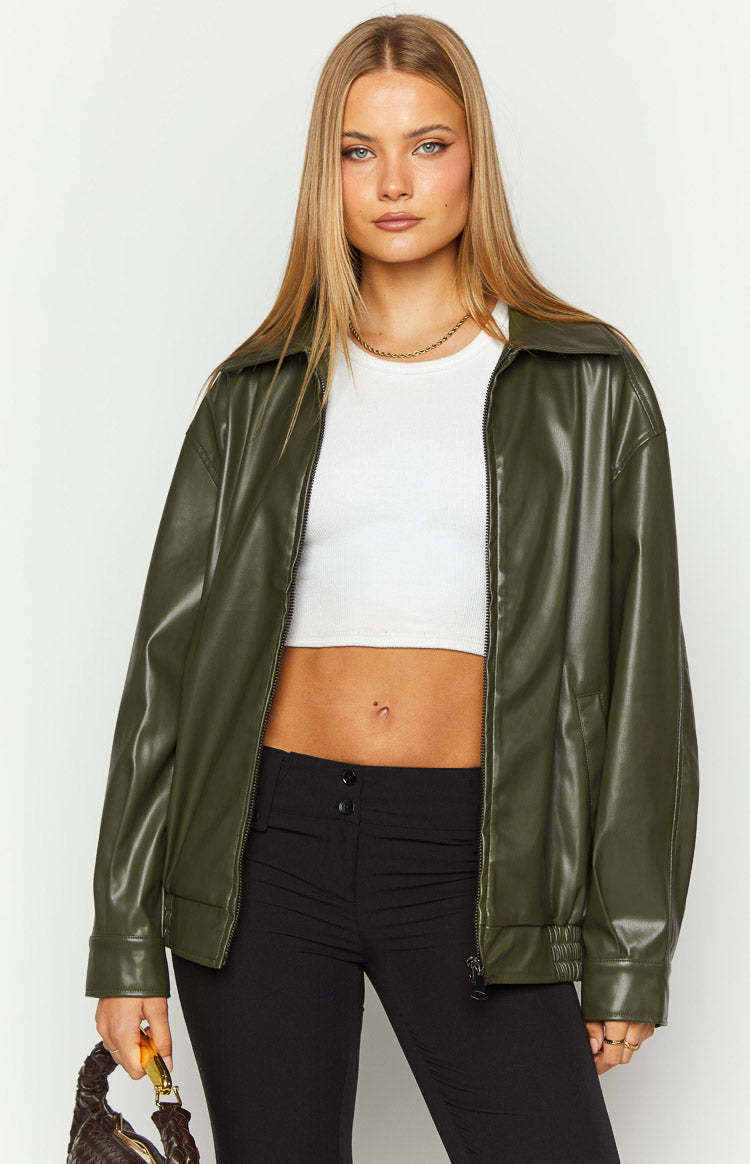 Abbi PU Olive Bomber Jacket-Vavasi.All Rights Reserved.