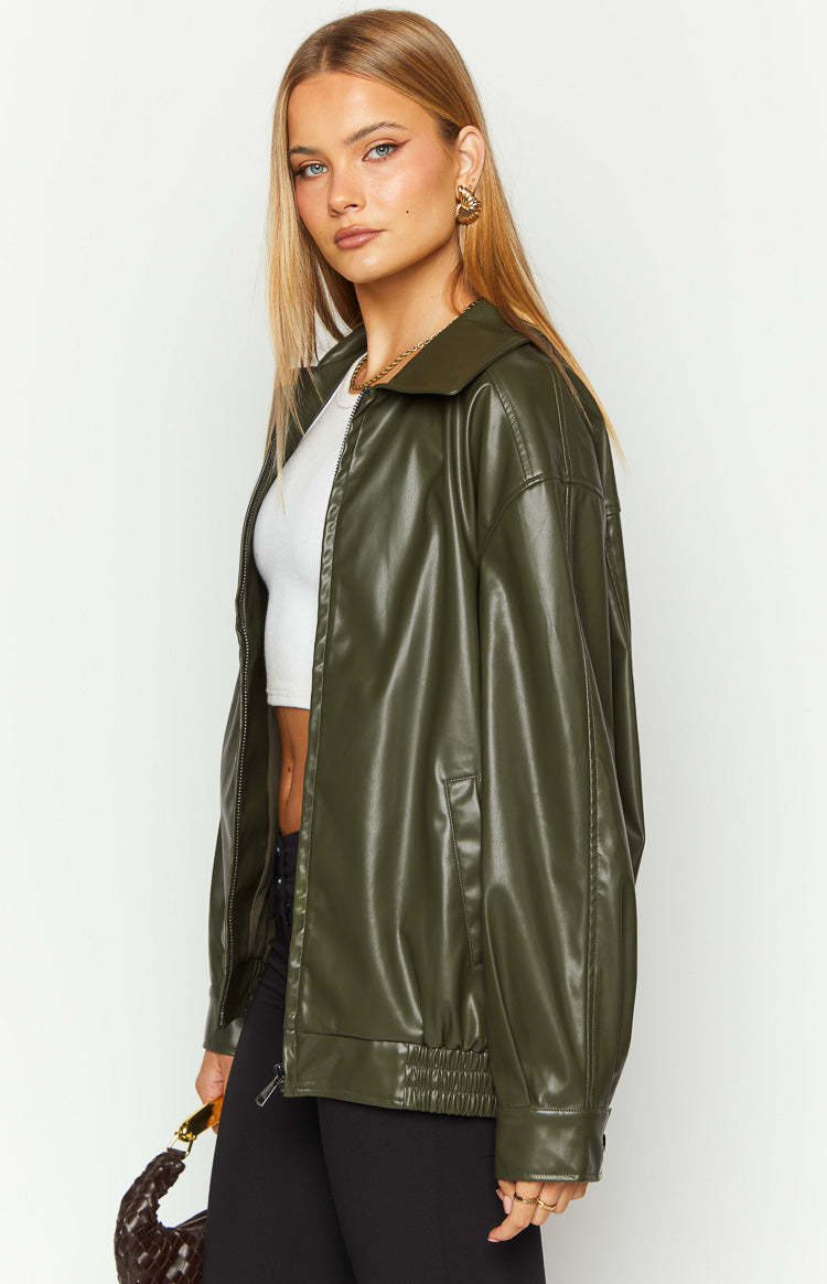 Abbi PU Olive Bomber Jacket-Vavasi.All Rights Reserved.
