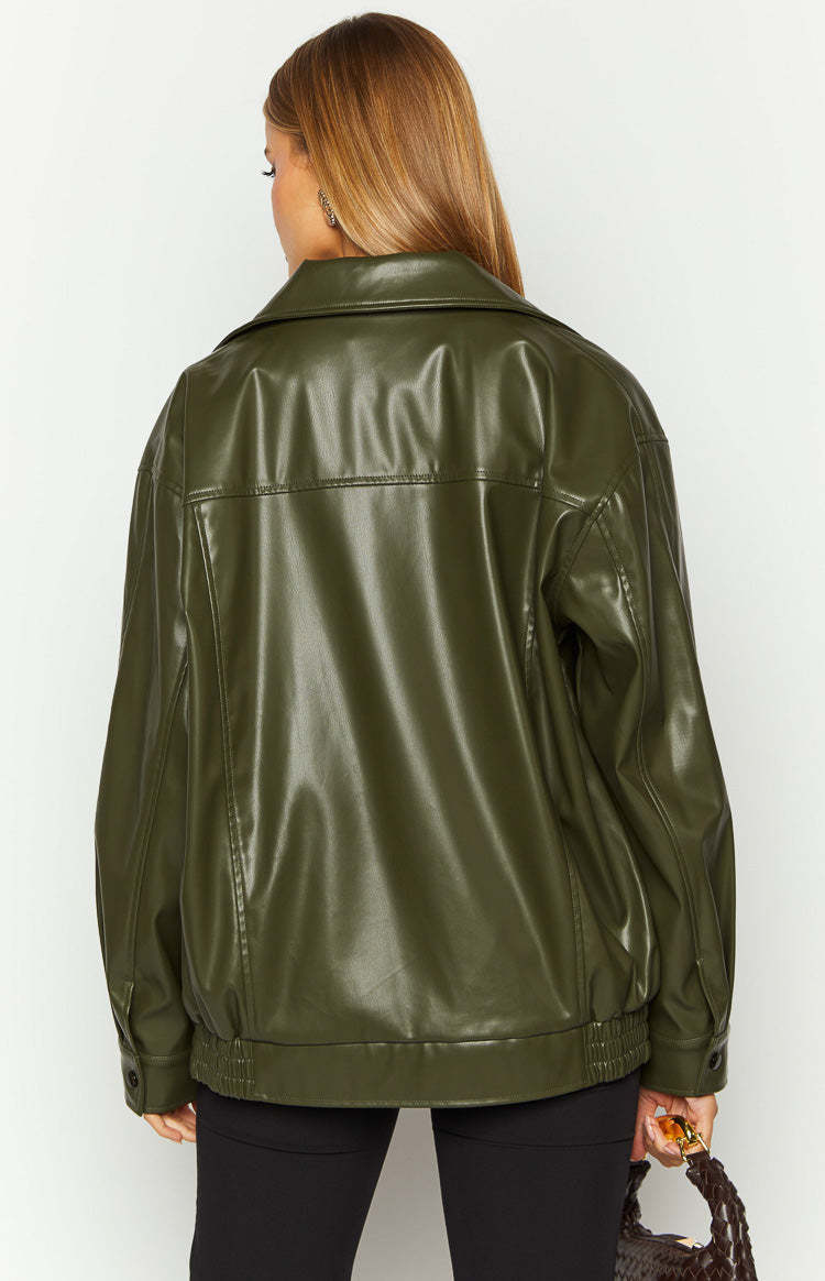 Abbi PU Olive Bomber Jacket-Vavasi.All Rights Reserved.