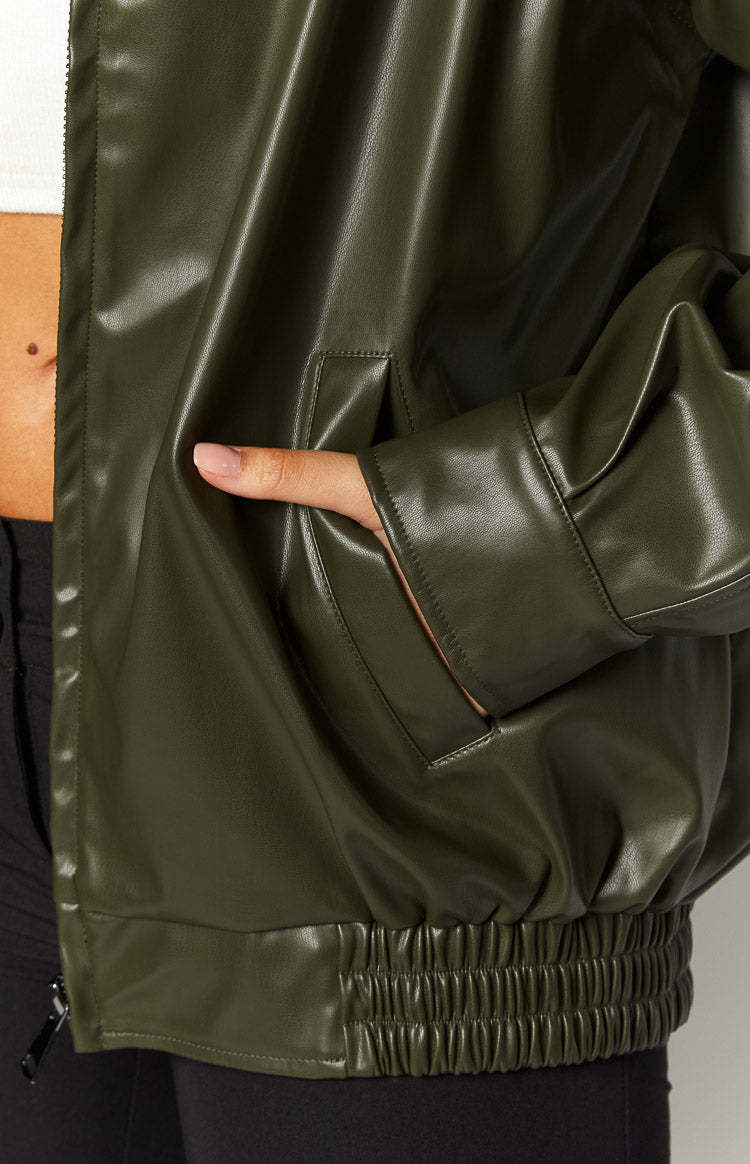 Abbi PU Olive Bomber Jacket-Vavasi.All Rights Reserved.