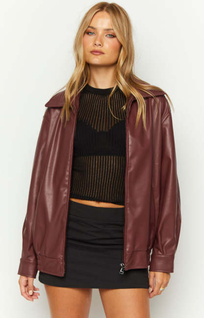 Abbi PU Red Bomber Jacket-Vavasi.All Rights Reserved.