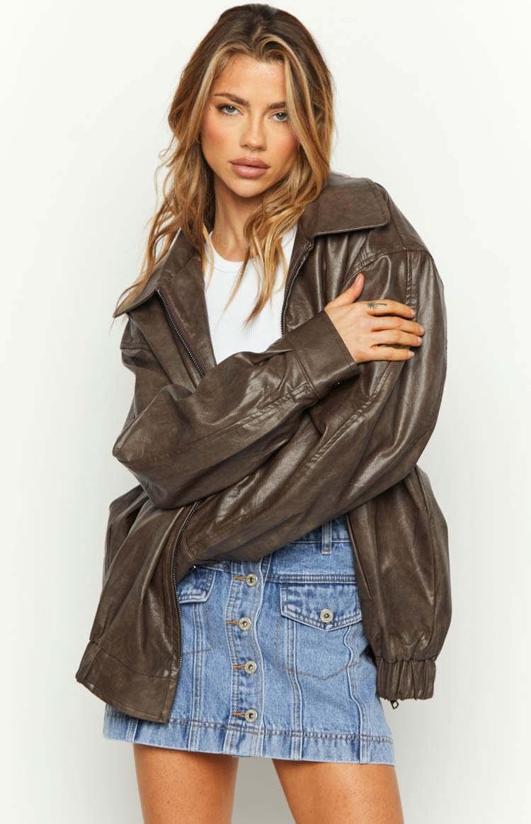 Abbi PU Vintage Brown Bomber Jacket-Vavasi.All Rights Reserved.