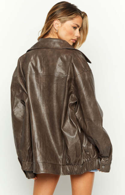 Abbi PU Vintage Brown Bomber Jacket-Vavasi.All Rights Reserved.