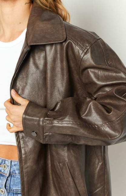Abbi PU Vintage Brown Bomber Jacket-Vavasi.All Rights Reserved.