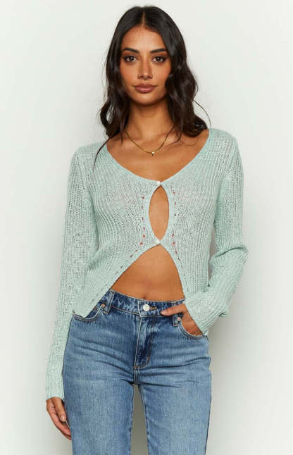 Abeila Blue Long Sleeve Knit Top-Vavasi.All Rights Reserved.
