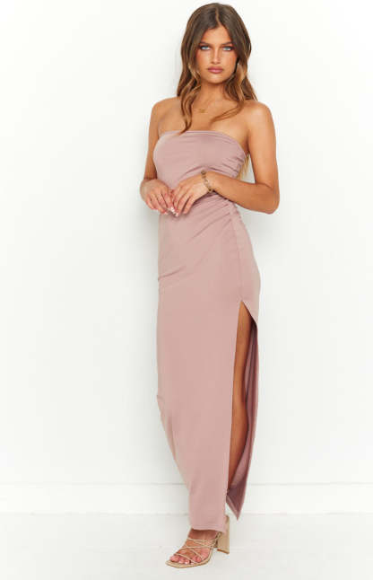 Abelle Light Brown Maxi Bandeau Dress-Vavasi.All Rights Reserved.