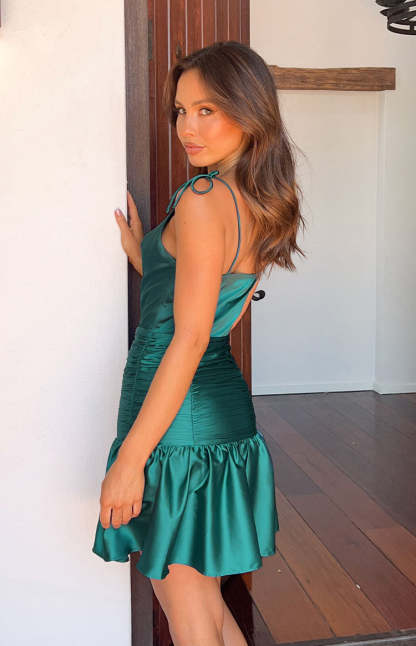 About Time Emerald Satin Mini Dress-Vavasi.All Rights Reserved.