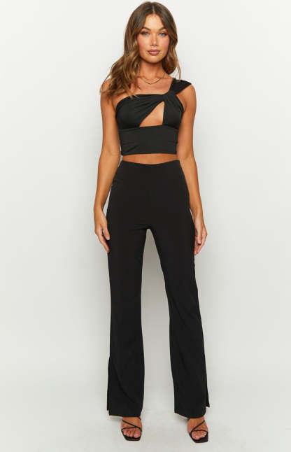Abrielle Black One Shoulder Crop Top-Vavasi.All Rights Reserved.