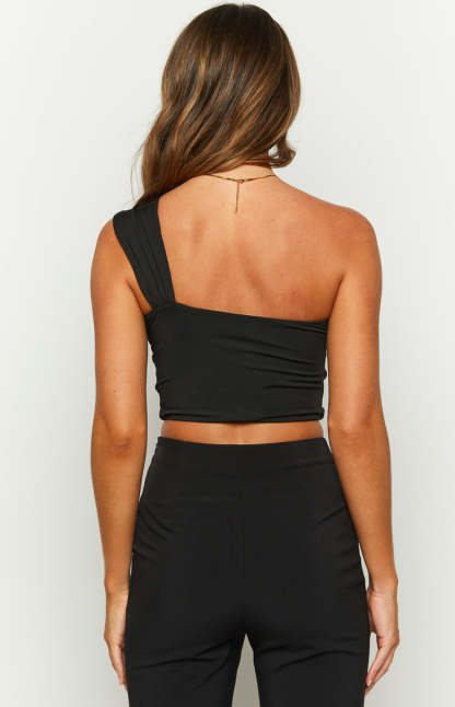Abrielle Black One Shoulder Crop Top-Vavasi.All Rights Reserved.