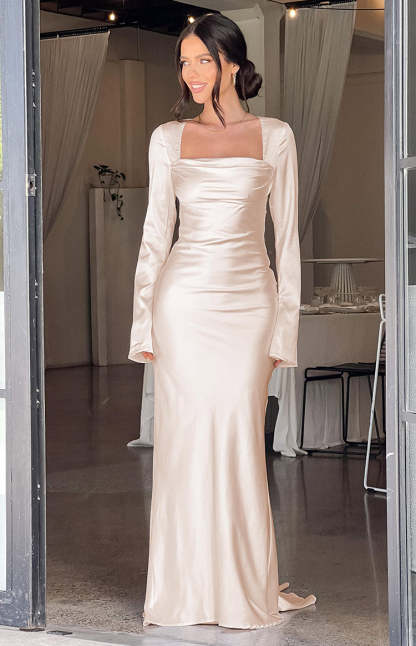 Addina Cream Long Sleeve Maxi Dress-Vavasi.All Rights Reserved.