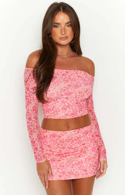 Addison Pink Off The Shoulder Mesh Top-Vavasi.All Rights Reserved.