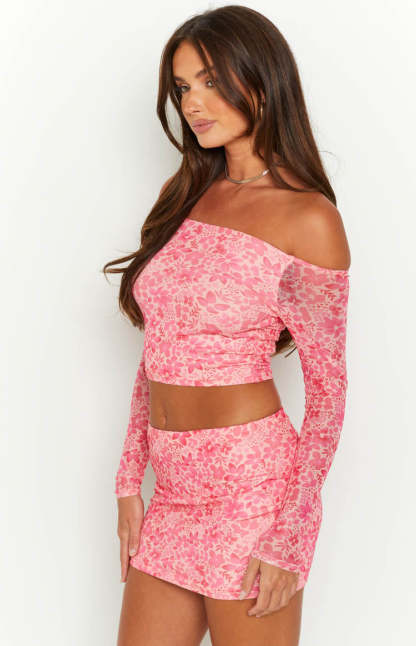 Addison Pink Off The Shoulder Mesh Top-Vavasi.All Rights Reserved.