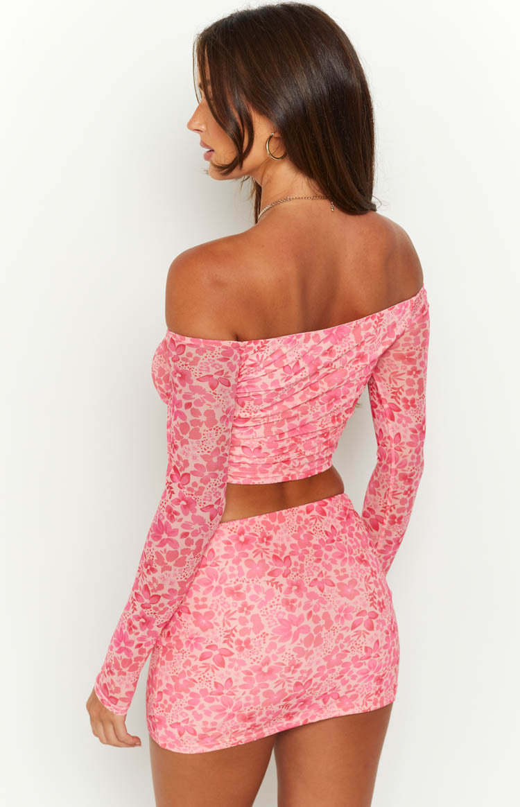 Addison Pink Off The Shoulder Mesh Top-Vavasi.All Rights Reserved.