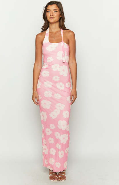 Aimee Pink Floral Maxi Halter Dress-Vavasi.All Rights Reserved.