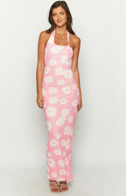 Aimee Pink Floral Maxi Halter Dress-Vavasi.All Rights Reserved.