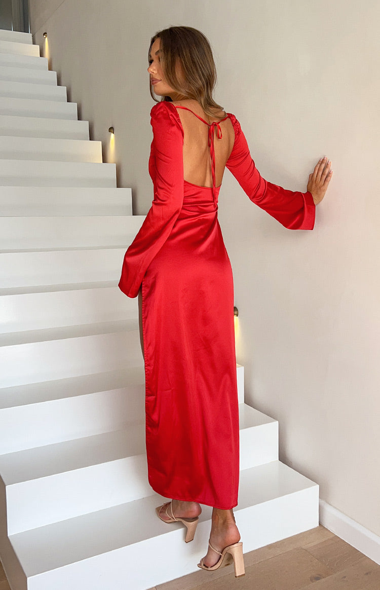 Airlea Red Satin Asymmetric Maxi Dress-Vavasi.All Rights Reserved.