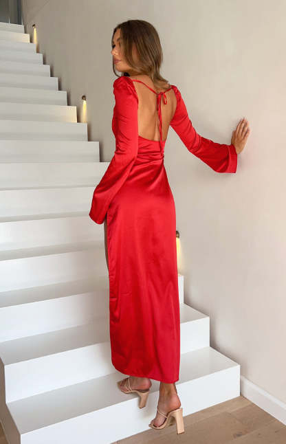Airlea Red Satin Asymmetric Maxi Dress-Vavasi.All Rights Reserved.