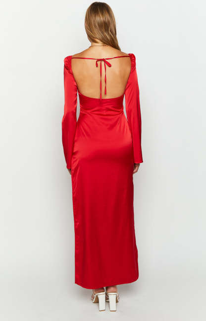 Airlea Red Satin Asymmetric Maxi Dress-Vavasi.All Rights Reserved.