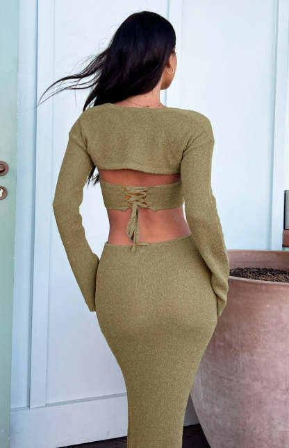 Alba Khaki Long Sleeve Knit Midi Dress-Vavasi.All Rights Reserved.