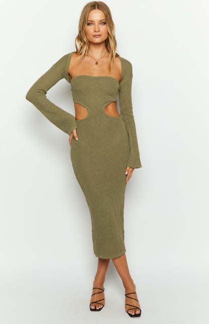 Alba Khaki Long Sleeve Knit Midi Dress-Vavasi.All Rights Reserved.