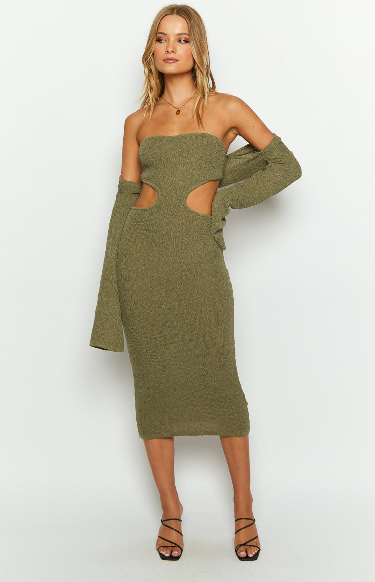 Alba Khaki Long Sleeve Knit Midi Dress-Vavasi.All Rights Reserved.
