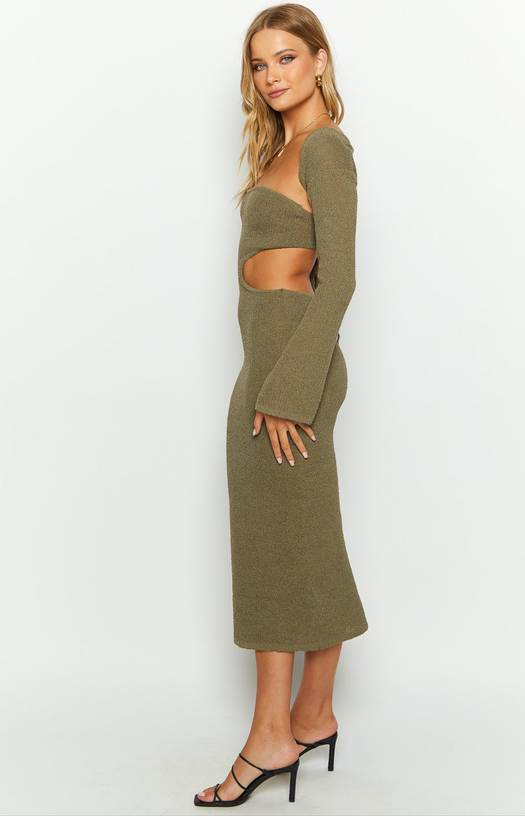 Alba Khaki Long Sleeve Knit Midi Dress-Vavasi.All Rights Reserved.
