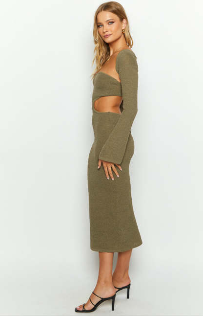 Alba Khaki Long Sleeve Knit Midi Dress-Vavasi.All Rights Reserved.