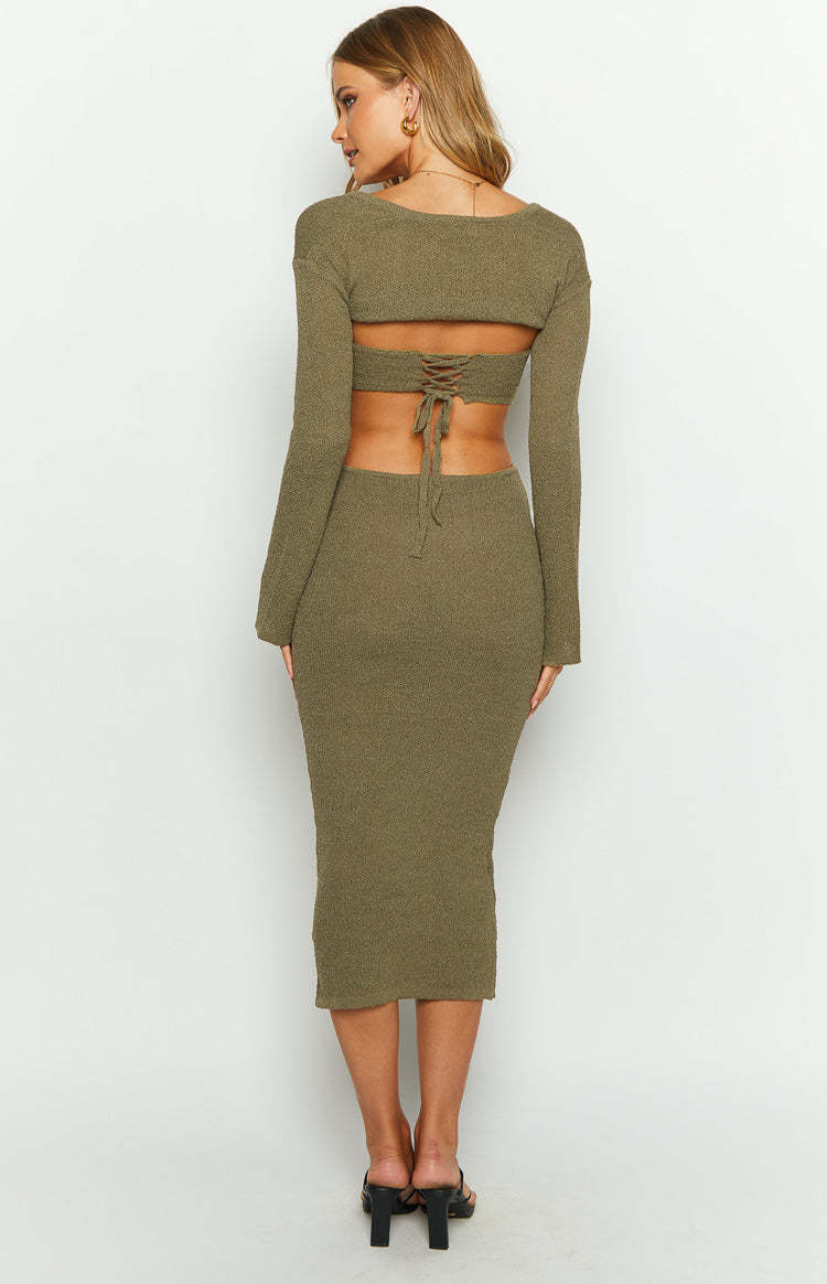 Alba Khaki Long Sleeve Knit Midi Dress-Vavasi.All Rights Reserved.