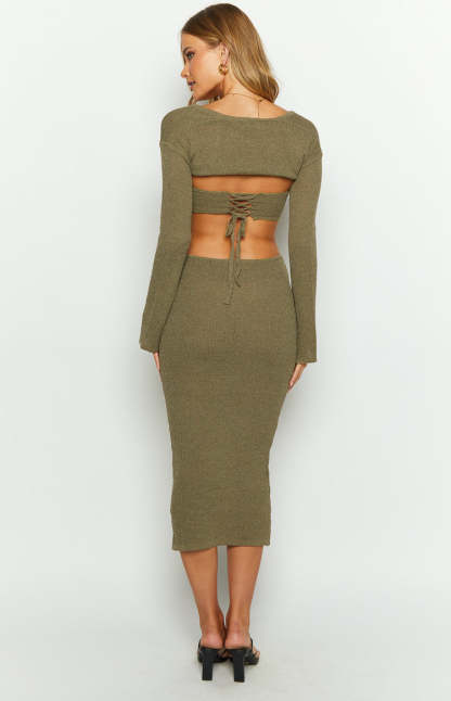 Alba Khaki Long Sleeve Knit Midi Dress-Vavasi.All Rights Reserved.