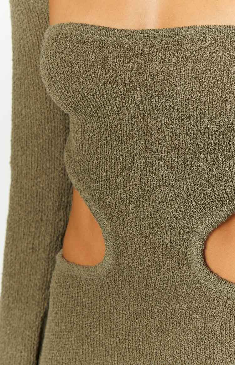Alba Khaki Long Sleeve Knit Midi Dress-Vavasi.All Rights Reserved.