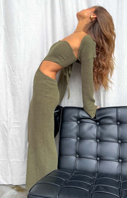 Alba Khaki Long Sleeve Knit Midi Dress-Vavasi.All Rights Reserved.