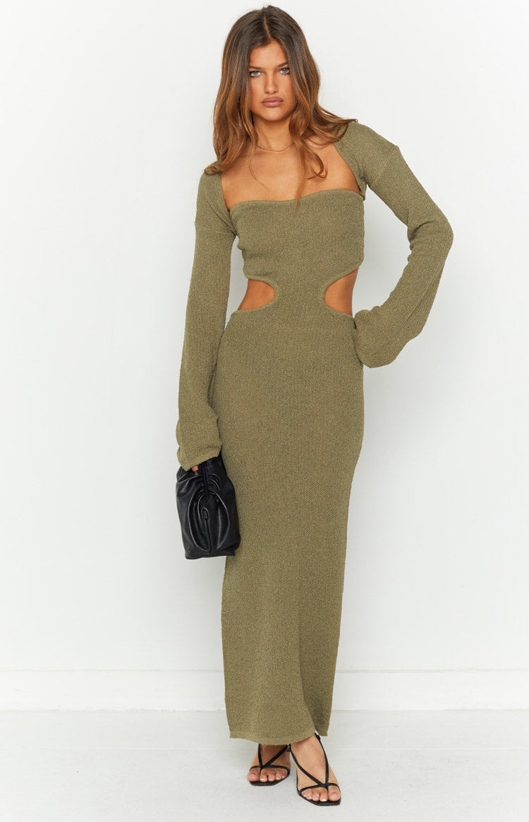 Alba Khaki Long Sleeve Knit Midi Dress-Vavasi.All Rights Reserved.