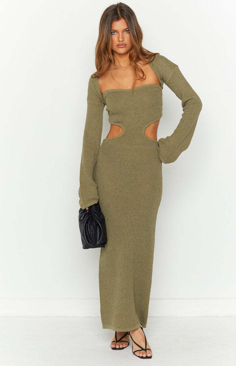 Alba Khaki Long Sleeve Knit Midi Dress-Vavasi.All Rights Reserved.