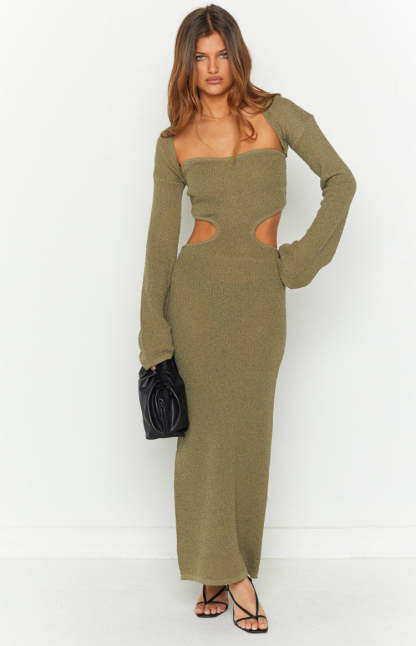 Alba Khaki Long Sleeve Knit Midi Dress-Vavasi.All Rights Reserved.