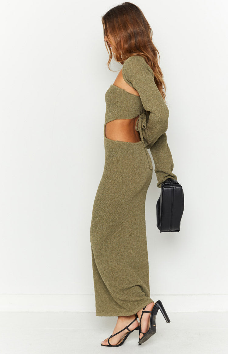 Alba Khaki Long Sleeve Knit Midi Dress-Vavasi.All Rights Reserved.