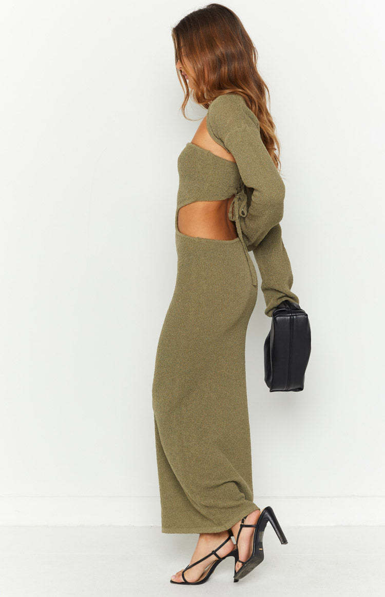 Alba Khaki Long Sleeve Knit Midi Dress-Vavasi.All Rights Reserved.
