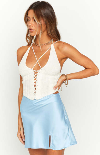 Alcina Blue Satin Mini Skirt-Vavasi.All Rights Reserved.