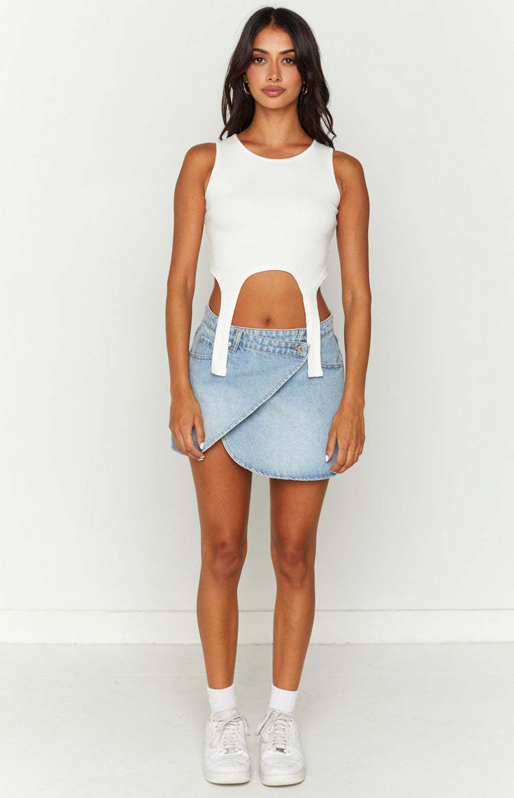 Alcmene Denim Asymmetrical Wrap Mini Skirt-Vavasi.All Rights Reserved.