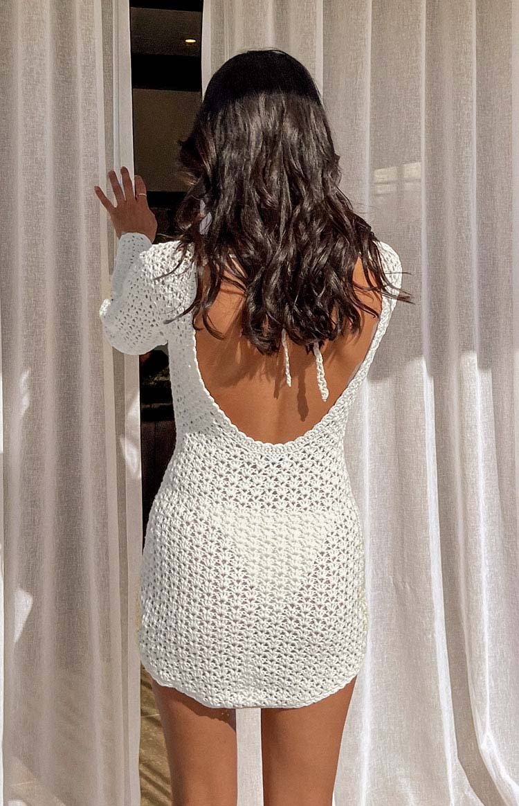 Alessia White Crochet Knit Long Sleeve Mini Dress-Vavasi.All Rights Reserved.