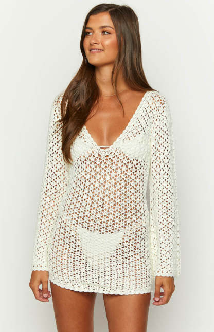 Alessia White Crochet Knit Long Sleeve Mini Dress-Vavasi.All Rights Reserved.