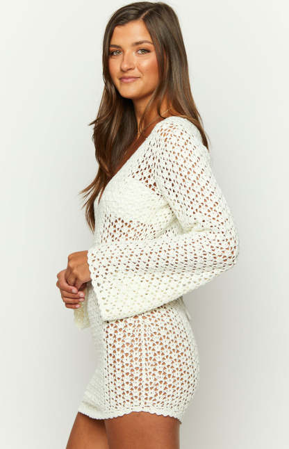Alessia White Crochet Knit Long Sleeve Mini Dress-Vavasi.All Rights Reserved.