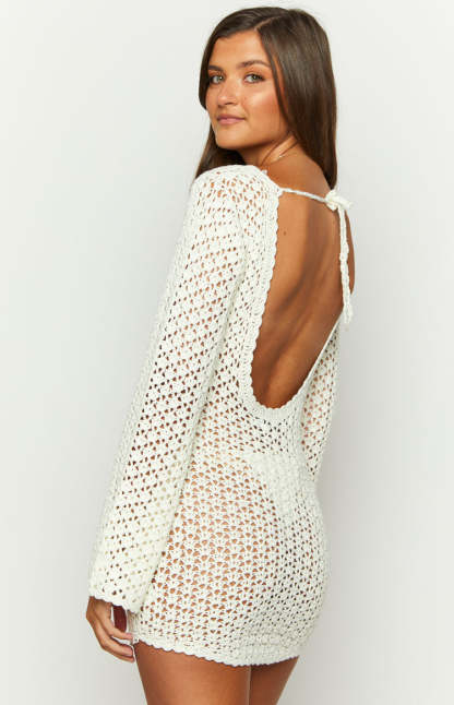 Alessia White Crochet Knit Long Sleeve Mini Dress-Vavasi.All Rights Reserved.