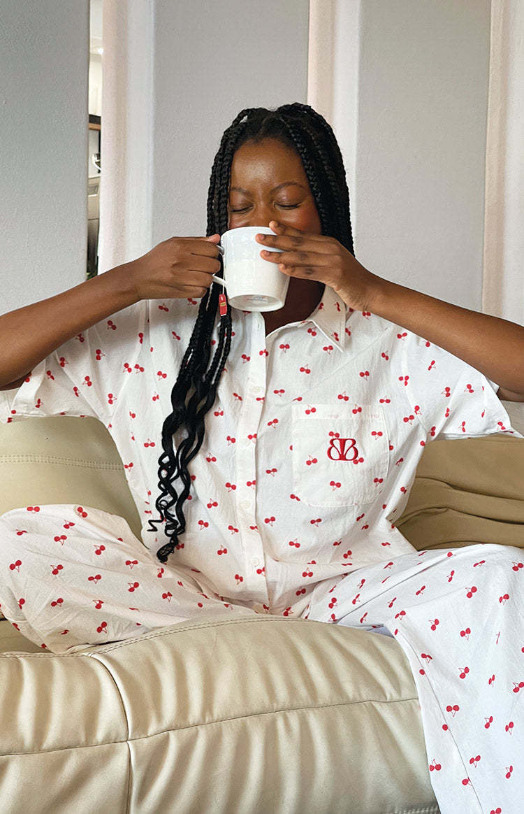 Alexea Cherry Print Pajama Shirt-Vavasi.All Rights Reserved.